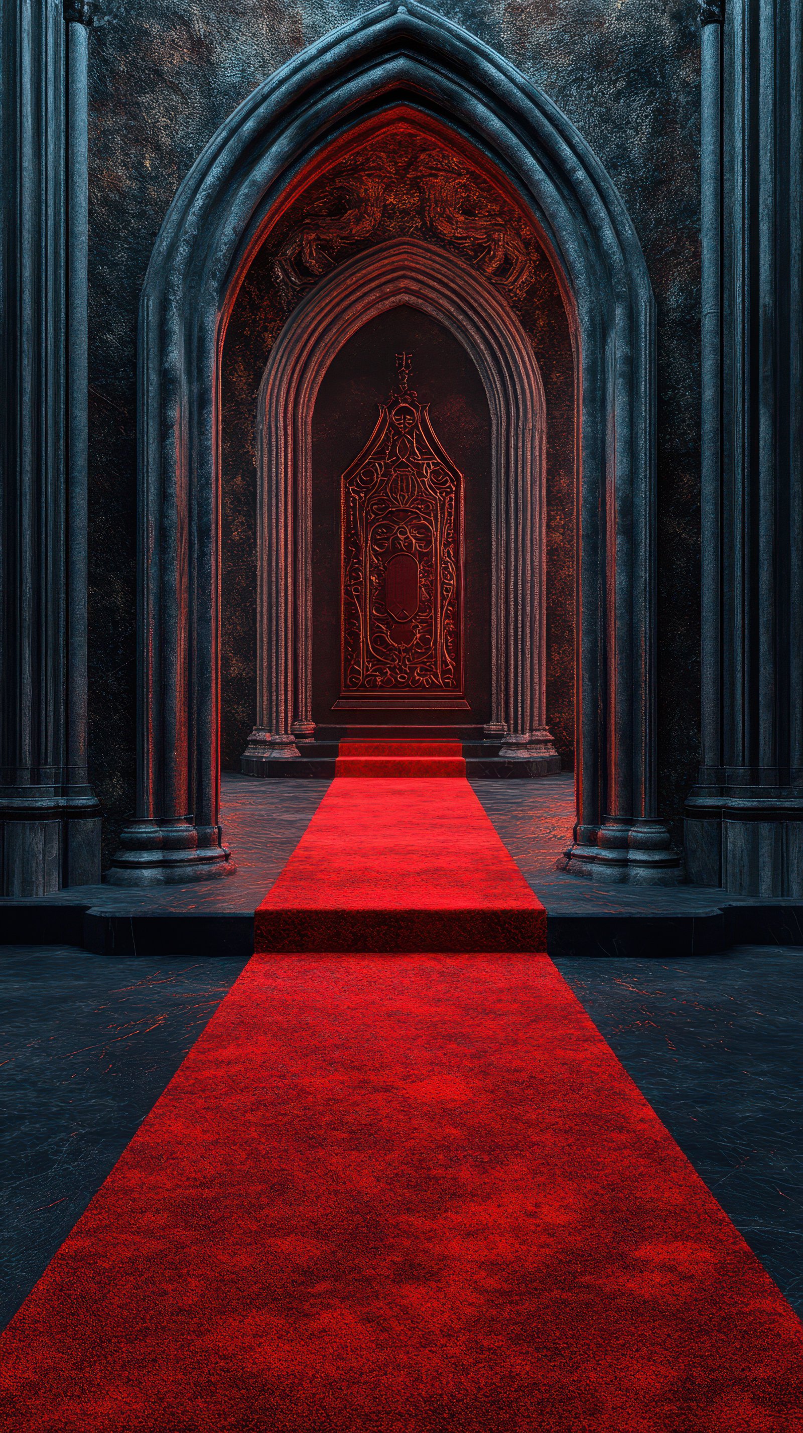 Red carpet leading to an ornate entrance in a dark, gothic setting with vaulted arches